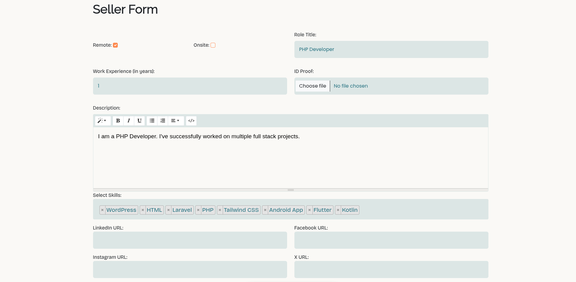 Fill seller form desktop